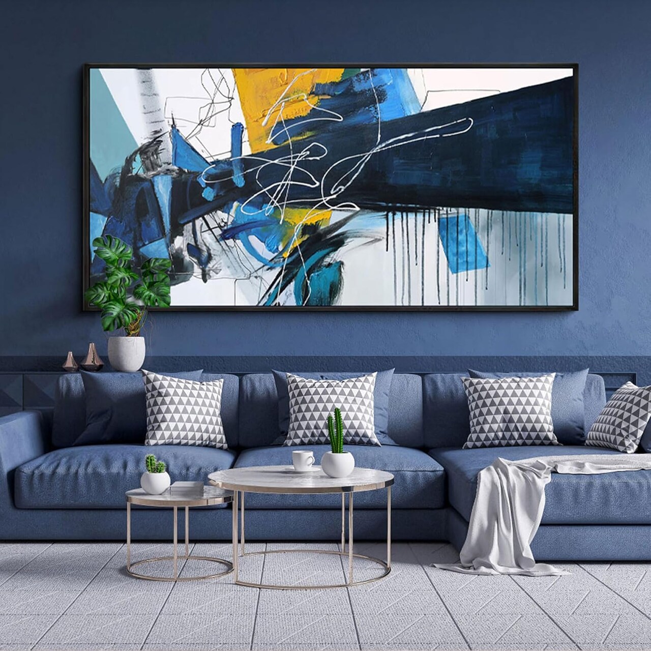 Large Abstract Canvas Wall Art for Living Room - Blue and white